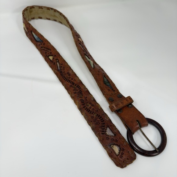 Vintage Leather Belt Made In Mexico Size 38 Woven Die‎ Cut Navajo Aztec Inlay main image 5
